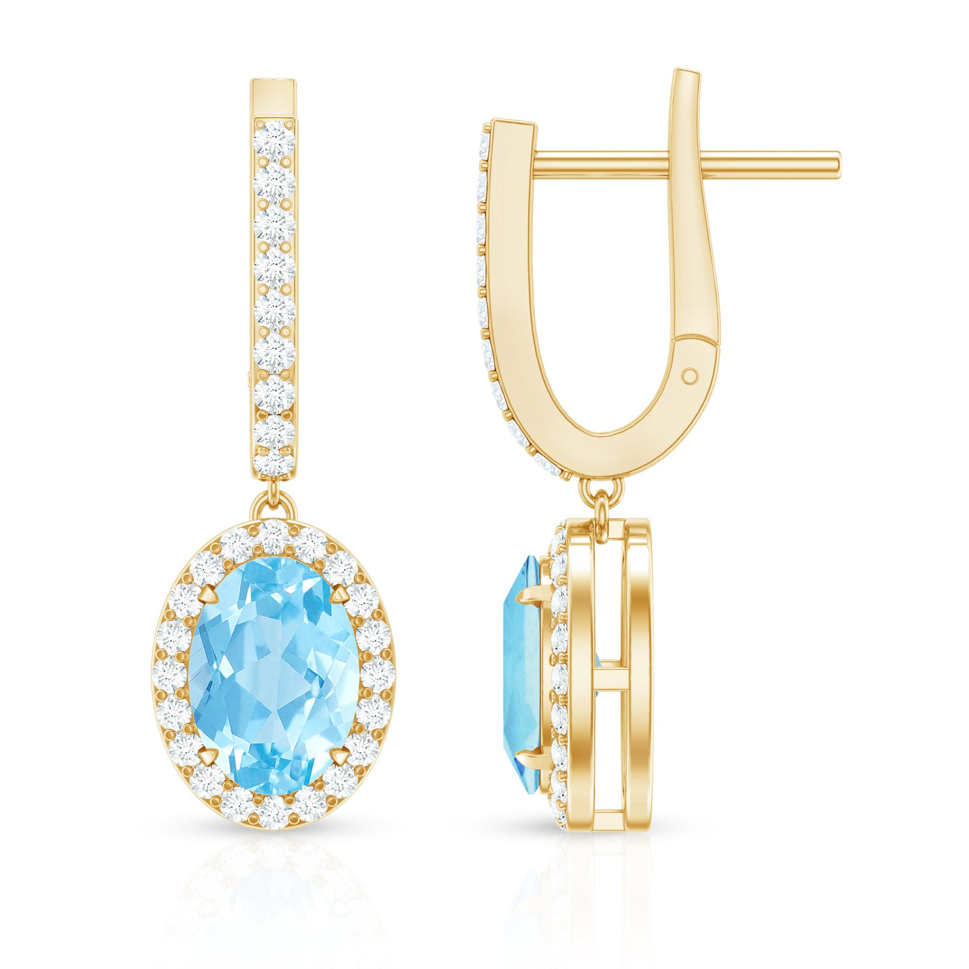 Natural 2.2 Carat Oval Aquamarine Drop Earrings with Diamond Halo Rosec Jewels