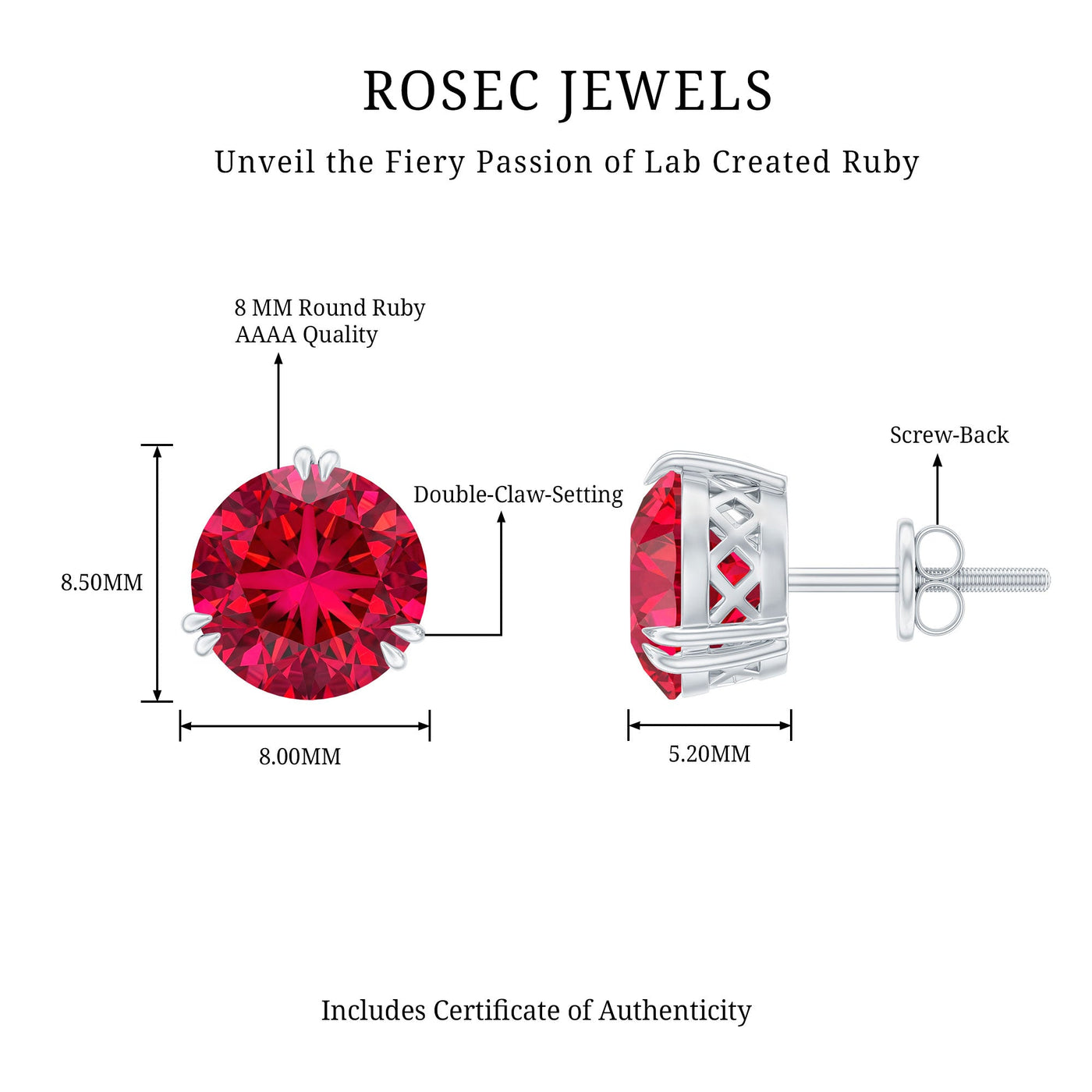 4.7 Carat Lab Created Ruby Solitaire Stud Earrings for Women Rosec Jewels
