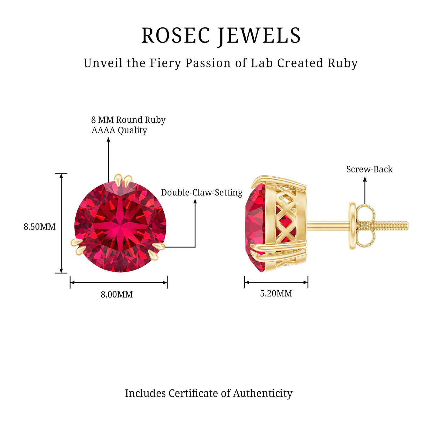 4.7 Carat Lab Created Ruby Solitaire Stud Earrings for Women Rosec Jewels