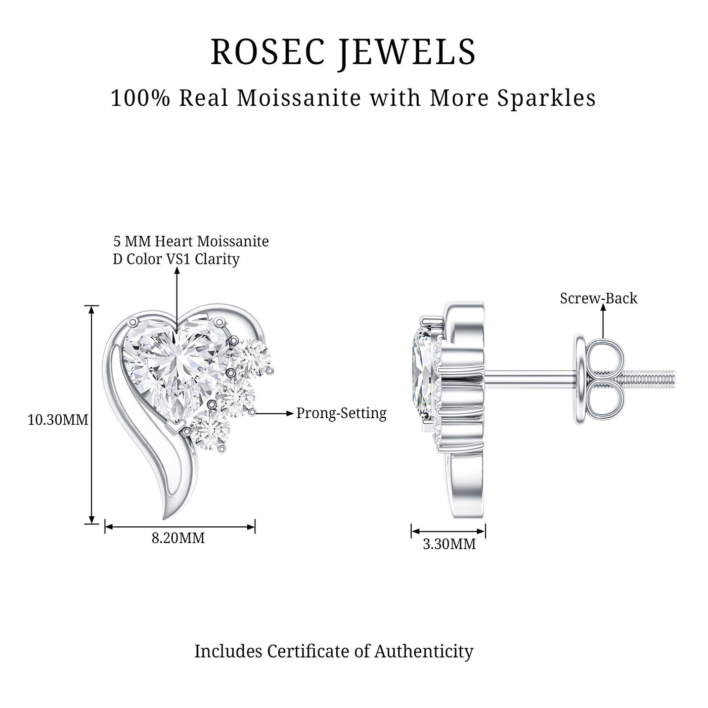 Heart Shape Moissanite Stud Earrings with Screw Back Rosec Jewels