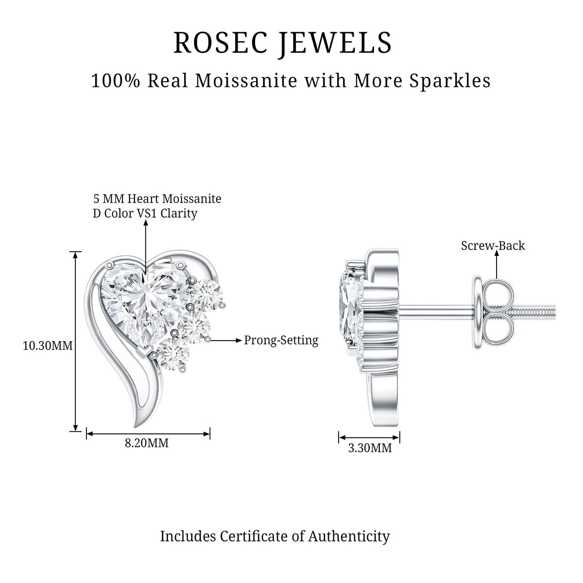 Heart Shape Moissanite Stud Earrings with Screw Back Rosec Jewels