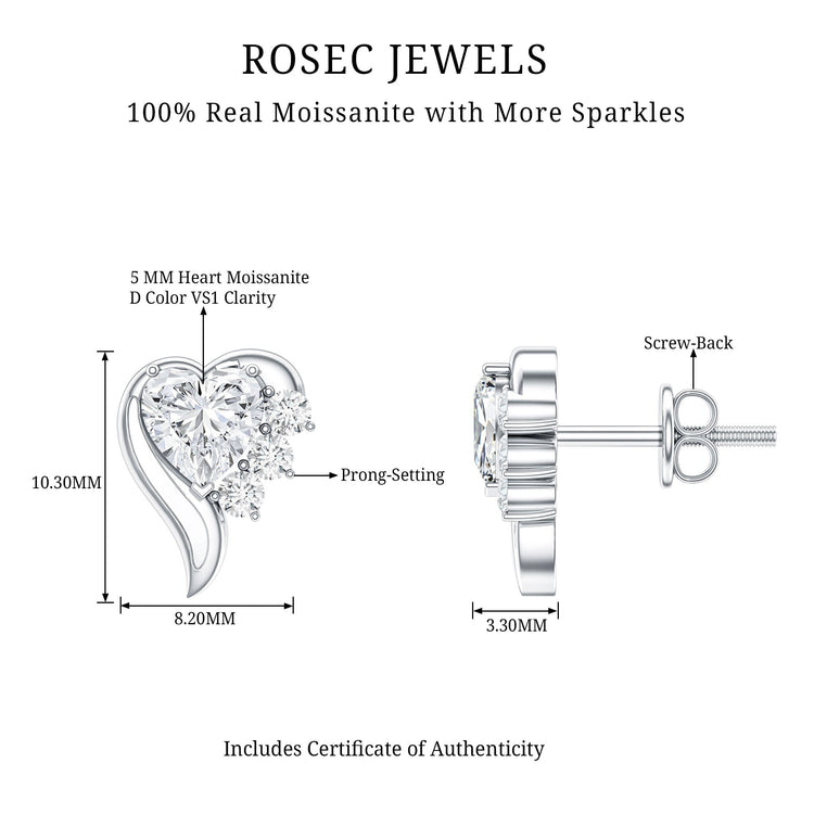 Heart Shape Moissanite Stud Earrings with Screw Back Rosec Jewels
