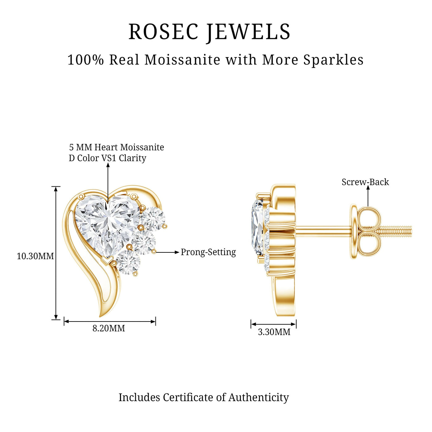 Heart Shape Moissanite Stud Earrings with Screw Back Rosec Jewels