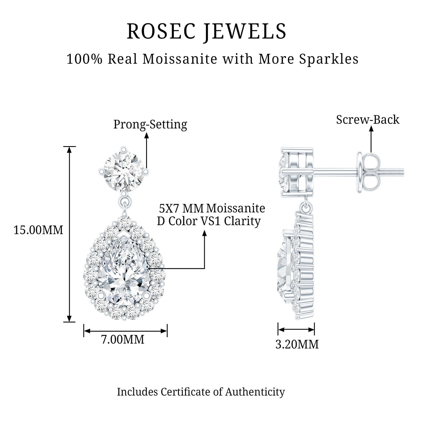 1.5 Carat Moissanite Bridal Dangle Earrings in Prong Setting Rosec Jewels