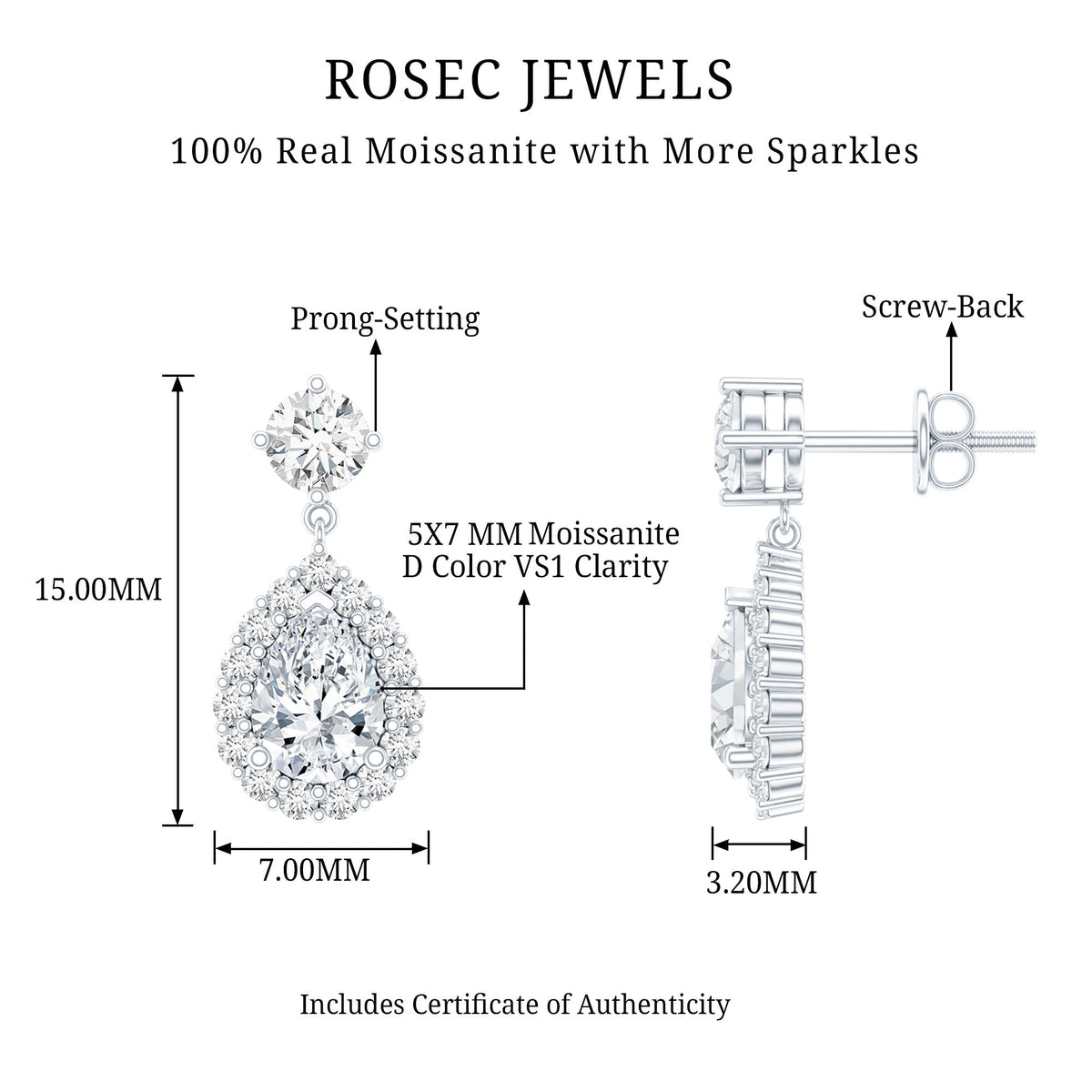 1.5 Carat Moissanite Bridal Dangle Earrings in Prong Setting Rosec Jewels