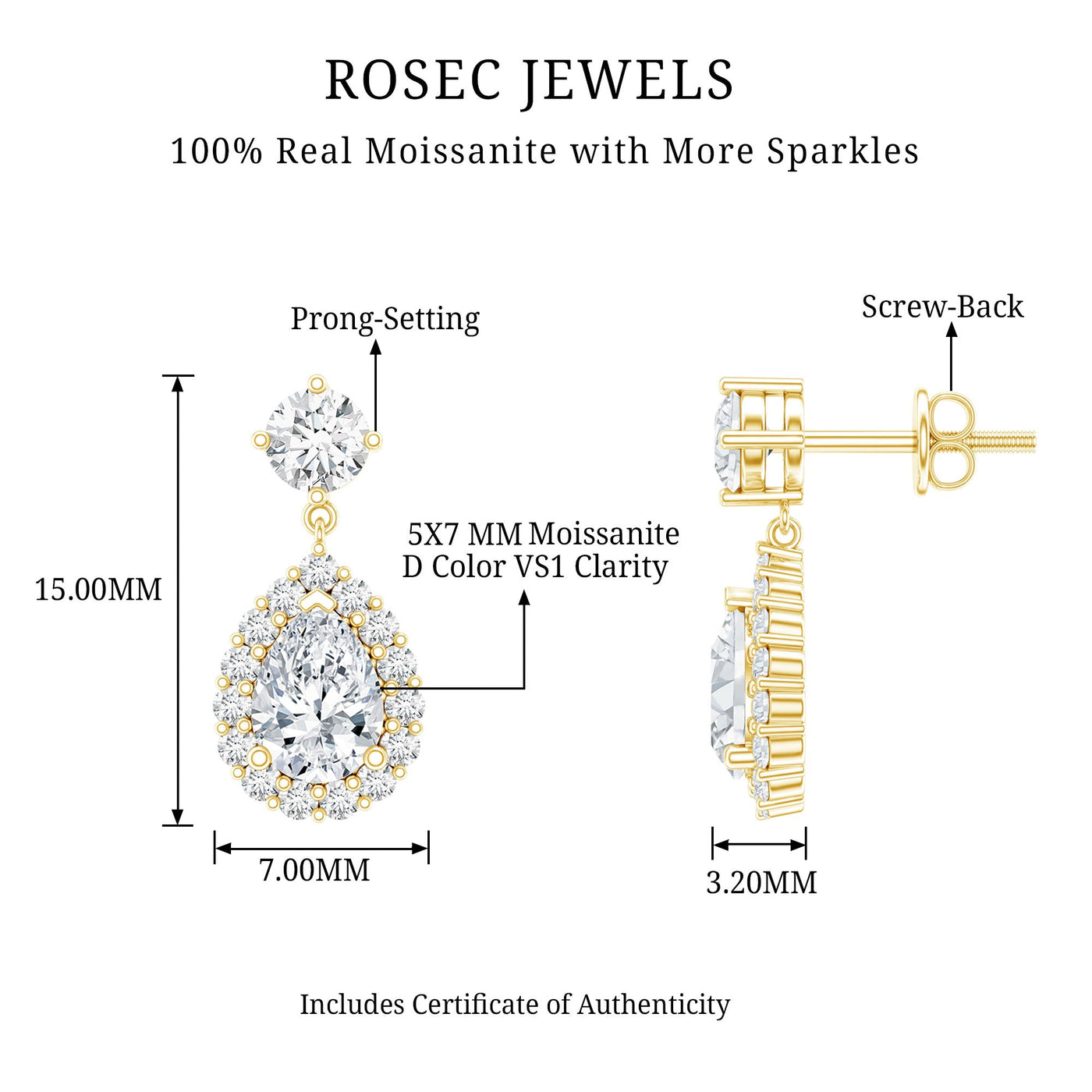 1.5 Carat Moissanite Bridal Dangle Earrings in Prong Setting Rosec Jewels