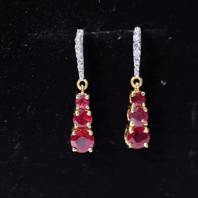 Certified Lab Created Ruby Three Stone Dangle Earrings with Moissanite Rosec Jewels