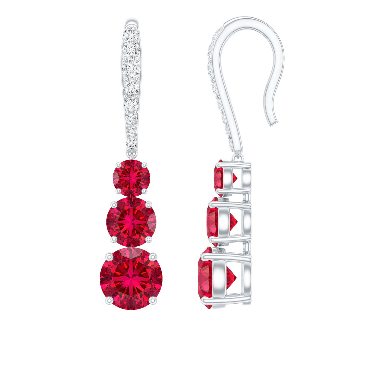 Certified Lab Created Ruby Three Stone Dangle Earrings with Moissanite Rosec Jewels