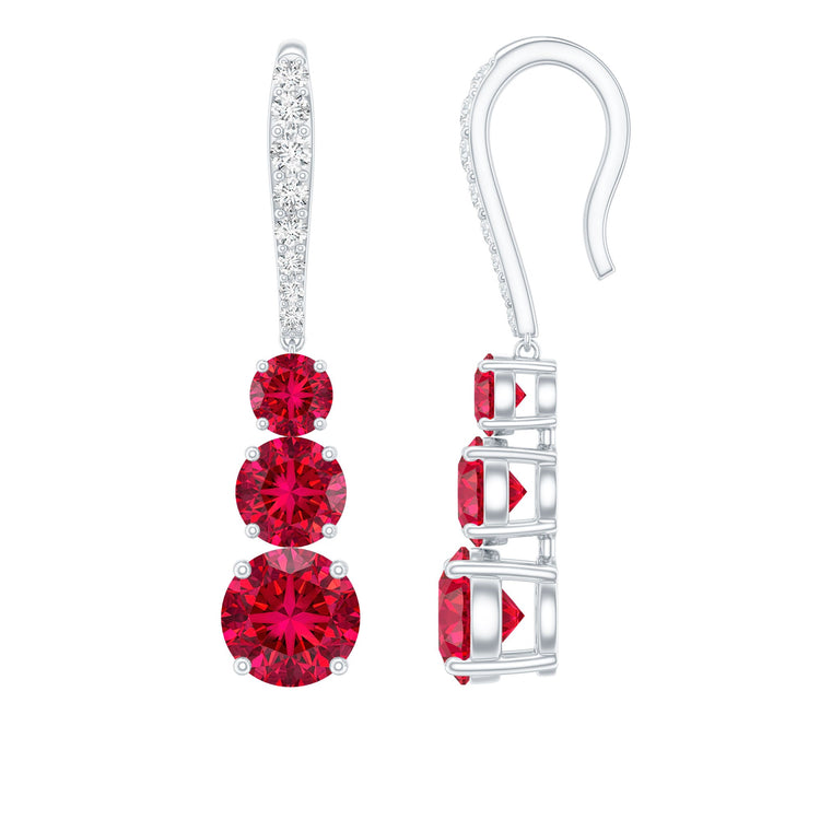 Certified Lab Created Ruby Three Stone Dangle Earrings with Moissanite Rosec Jewels