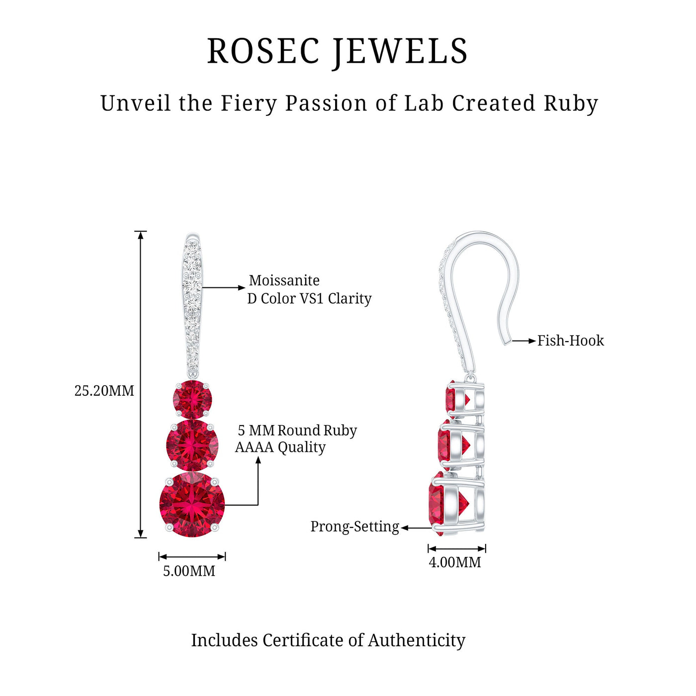 Certified Lab Created Ruby Three Stone Dangle Earrings with Moissanite Rosec Jewels