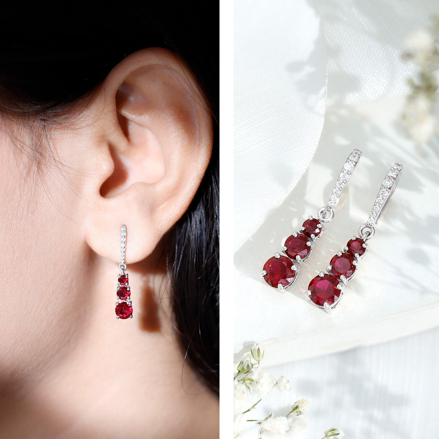Certified Lab Created Ruby Three Stone Dangle Earrings with Moissanite Rosec Jewels