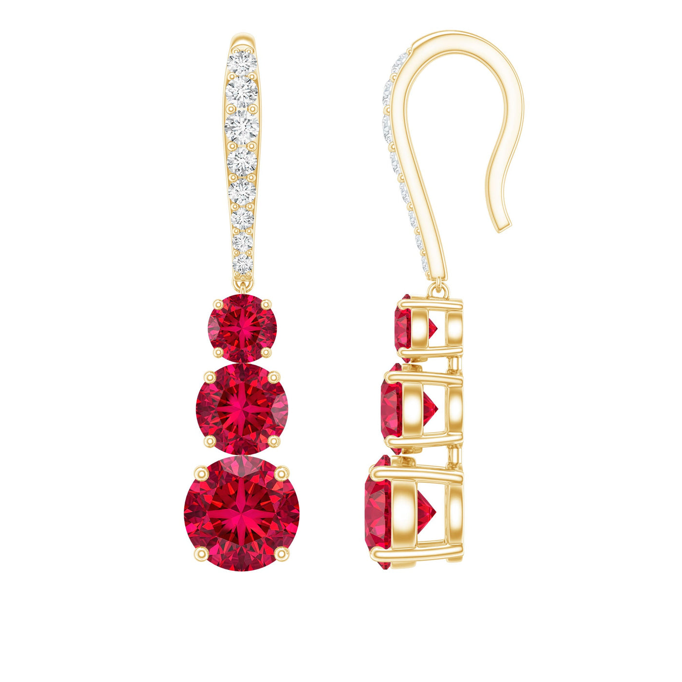 Certified Lab Created Ruby Three Stone Dangle Earrings with Moissanite Rosec Jewels