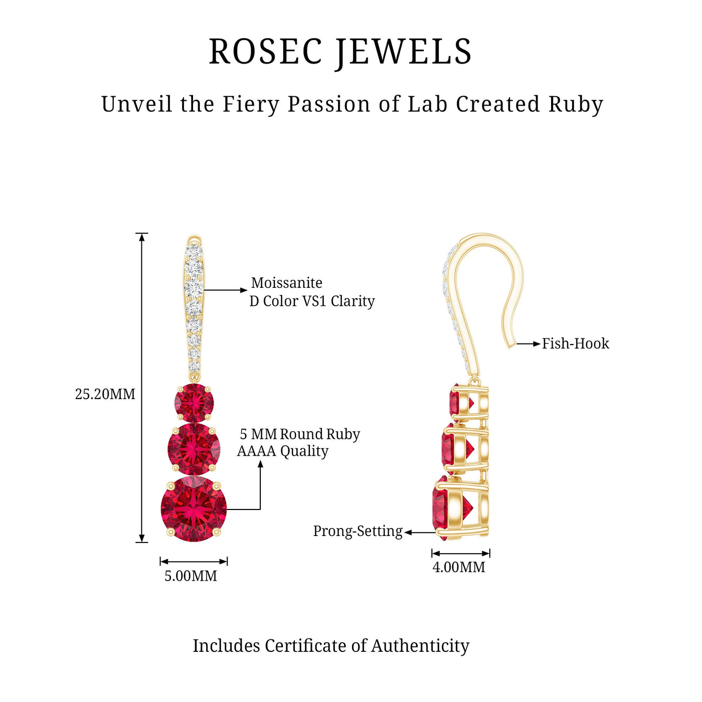 Certified Lab Created Ruby Three Stone Dangle Earrings with Moissanite Rosec Jewels