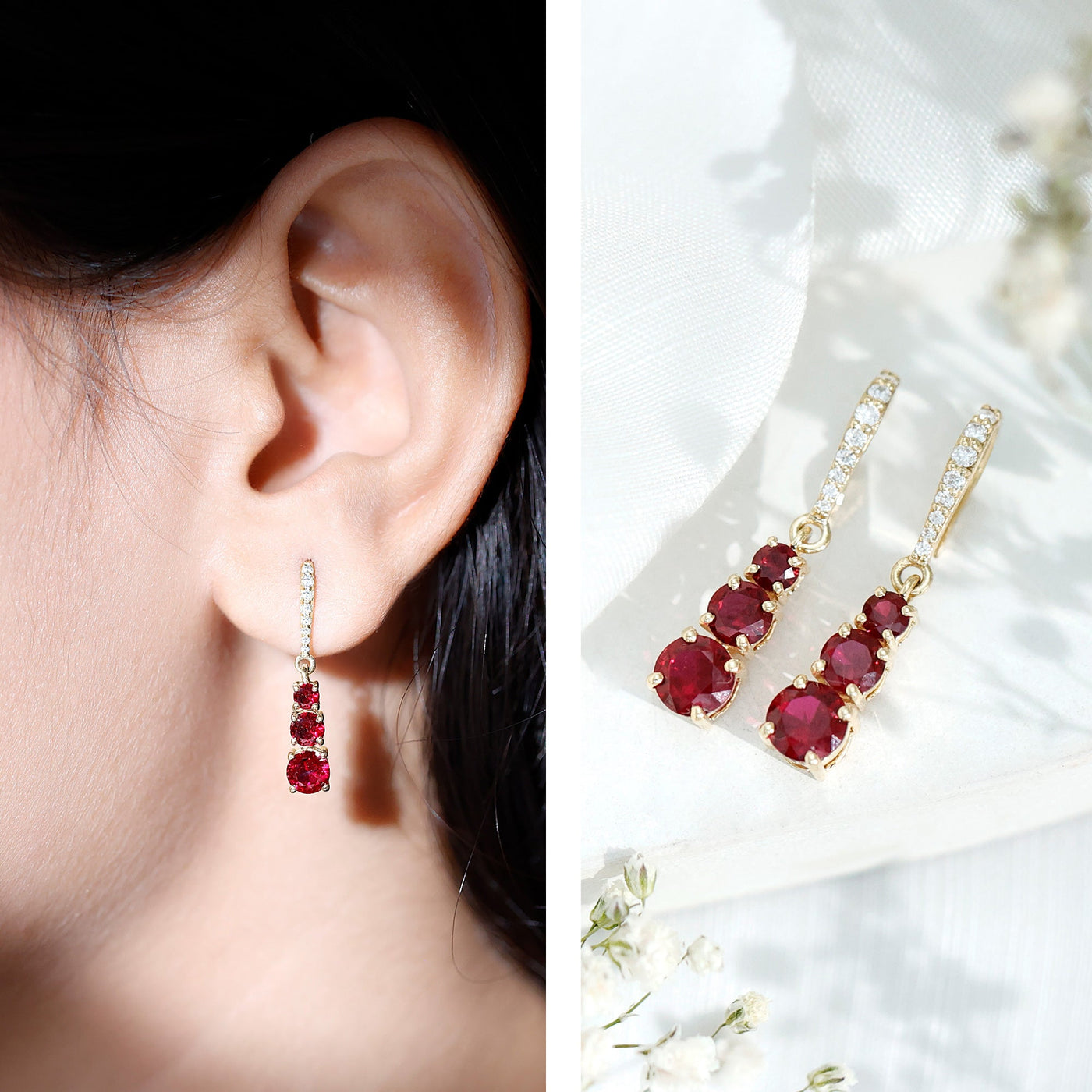 Certified Lab Created Ruby Three Stone Dangle Earrings with Moissanite Rosec Jewels
