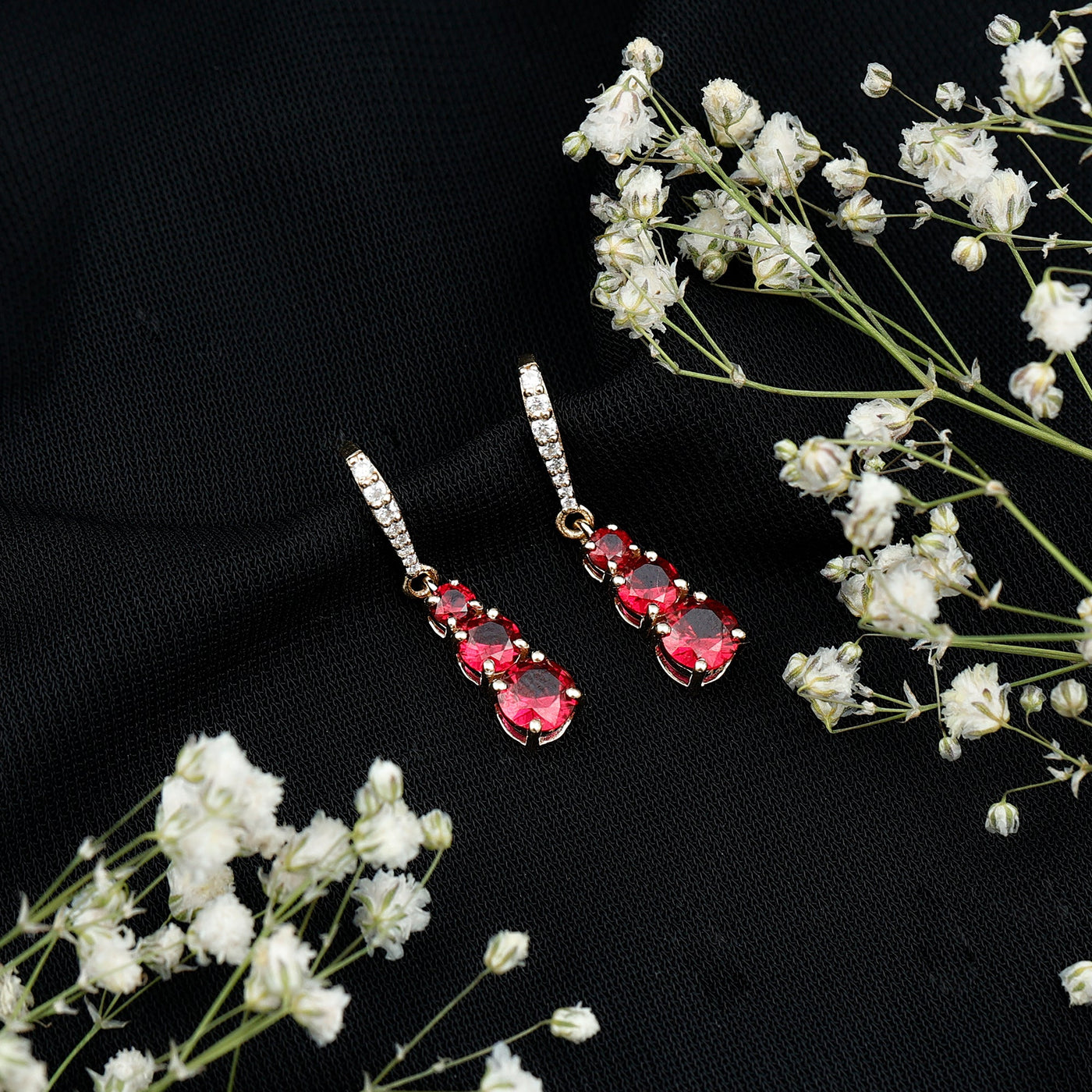 Certified Lab Created Ruby Three Stone Dangle Earrings with Moissanite Rosec Jewels