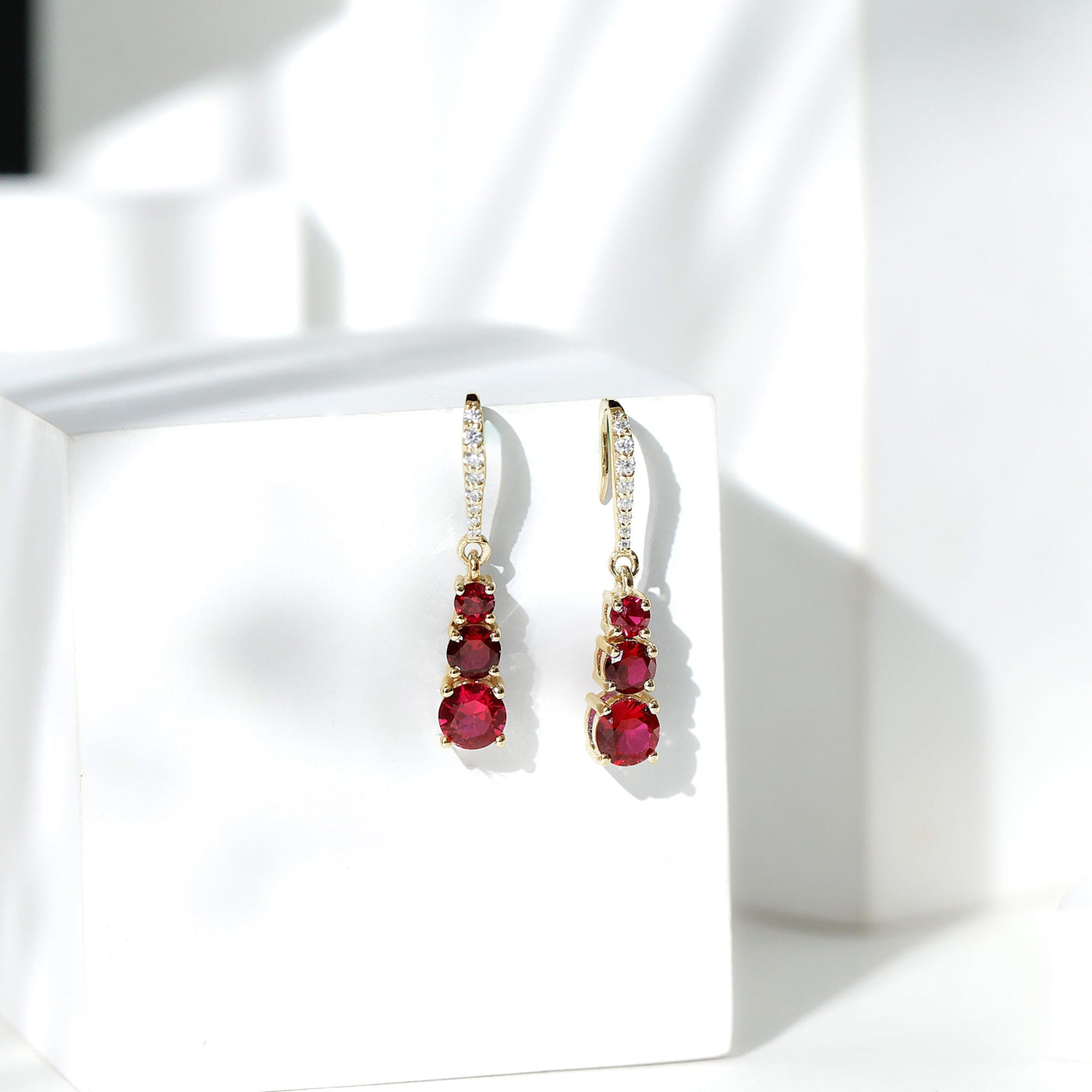 Certified Lab Created Ruby Three Stone Dangle Earrings with Moissanite Rosec Jewels