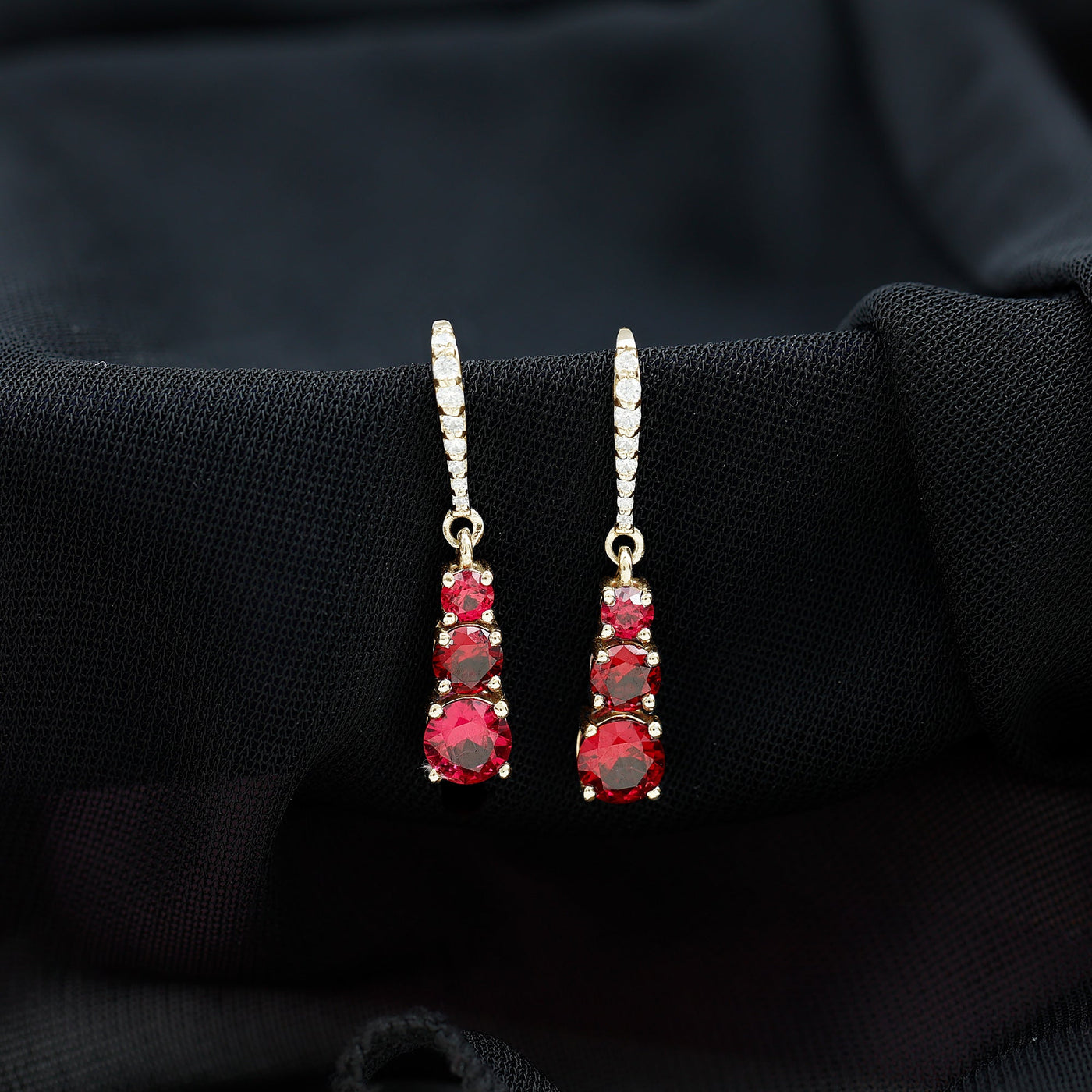 Certified Lab Created Ruby Three Stone Dangle Earrings with Moissanite Rosec Jewels