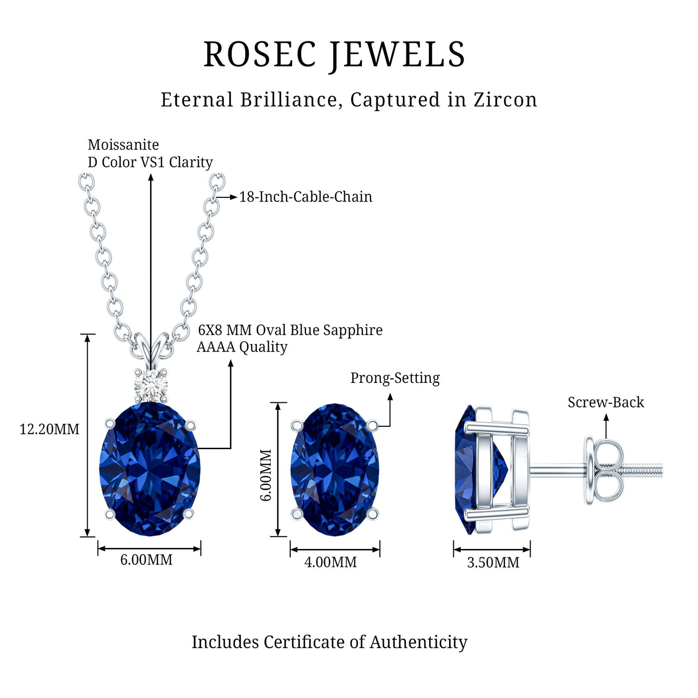Lab Grown Blue Sapphire Solitaire Jewelry Set with Moissanite Rosec Jewels