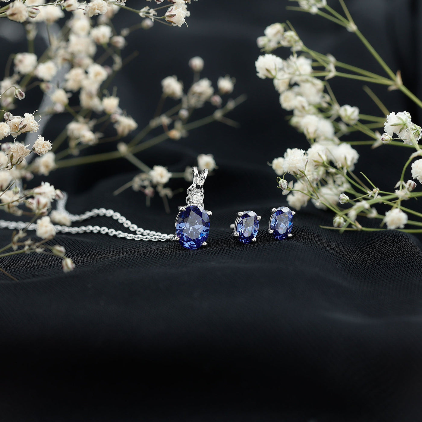 Lab Grown Blue Sapphire Solitaire Jewelry Set with Moissanite Rosec Jewels