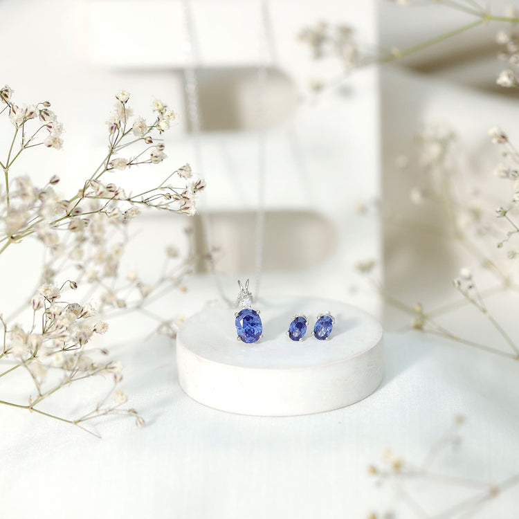 Lab Grown Blue Sapphire Solitaire Jewelry Set with Moissanite Rosec Jewels