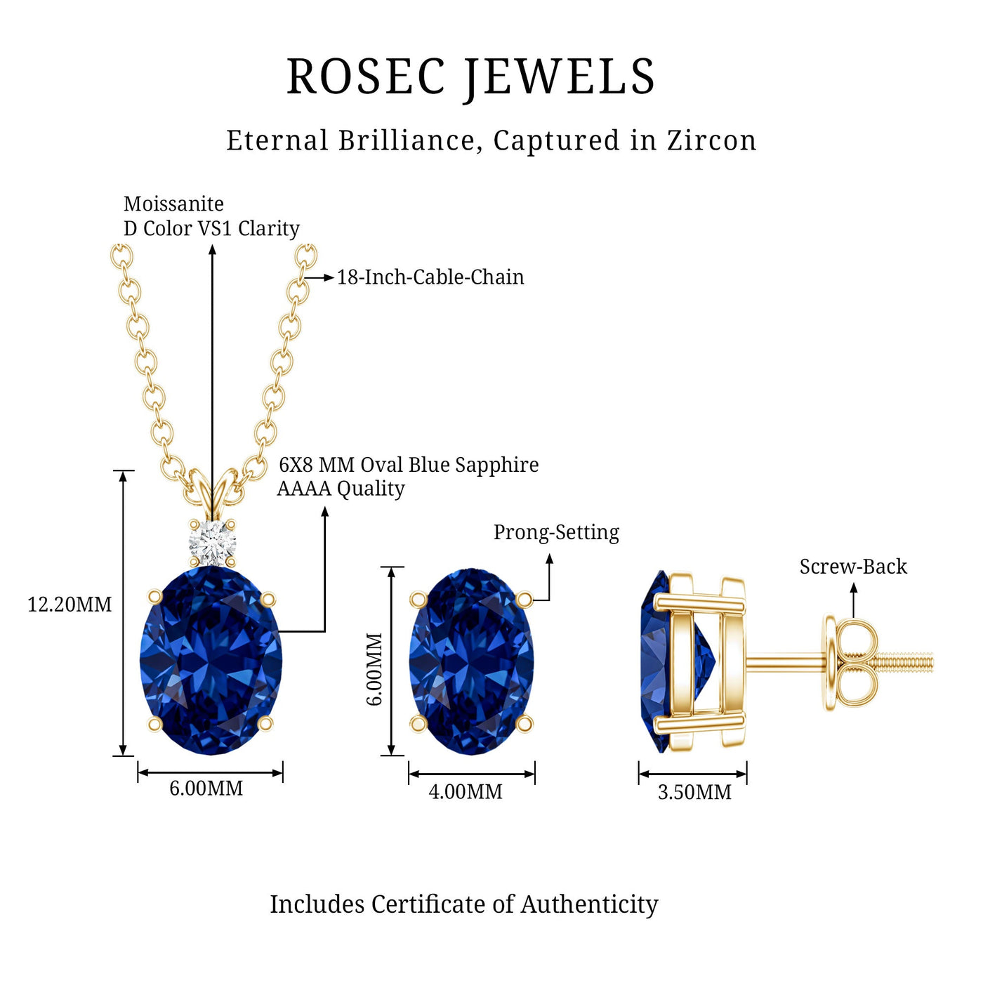 Lab Grown Blue Sapphire Solitaire Jewelry Set with Moissanite Rosec Jewels