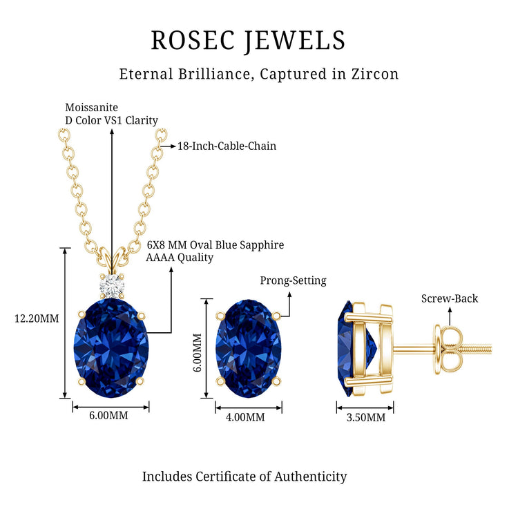 Lab Grown Blue Sapphire Solitaire Jewelry Set with Moissanite Rosec Jewels