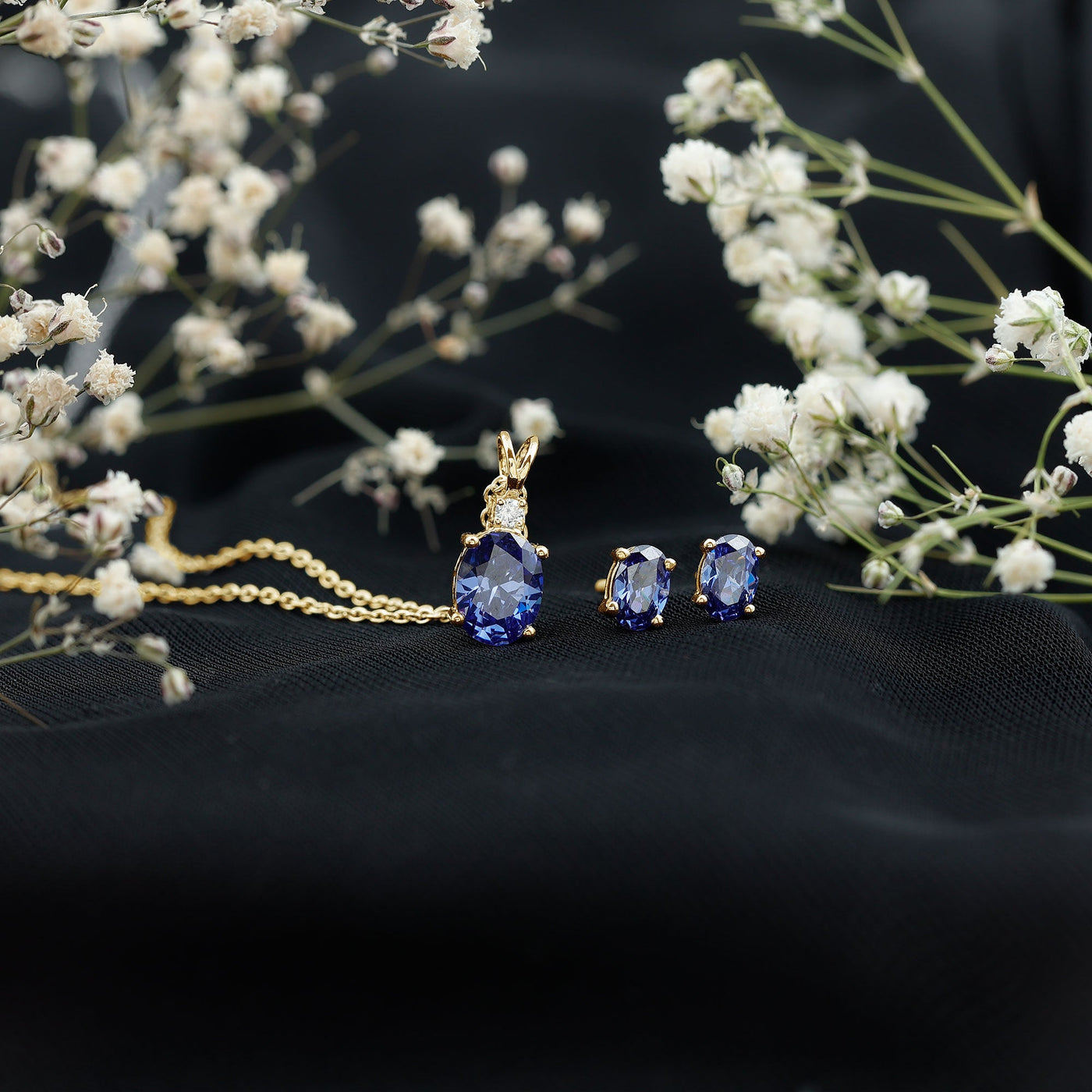 Lab Grown Blue Sapphire Solitaire Jewelry Set with Moissanite Rosec Jewels