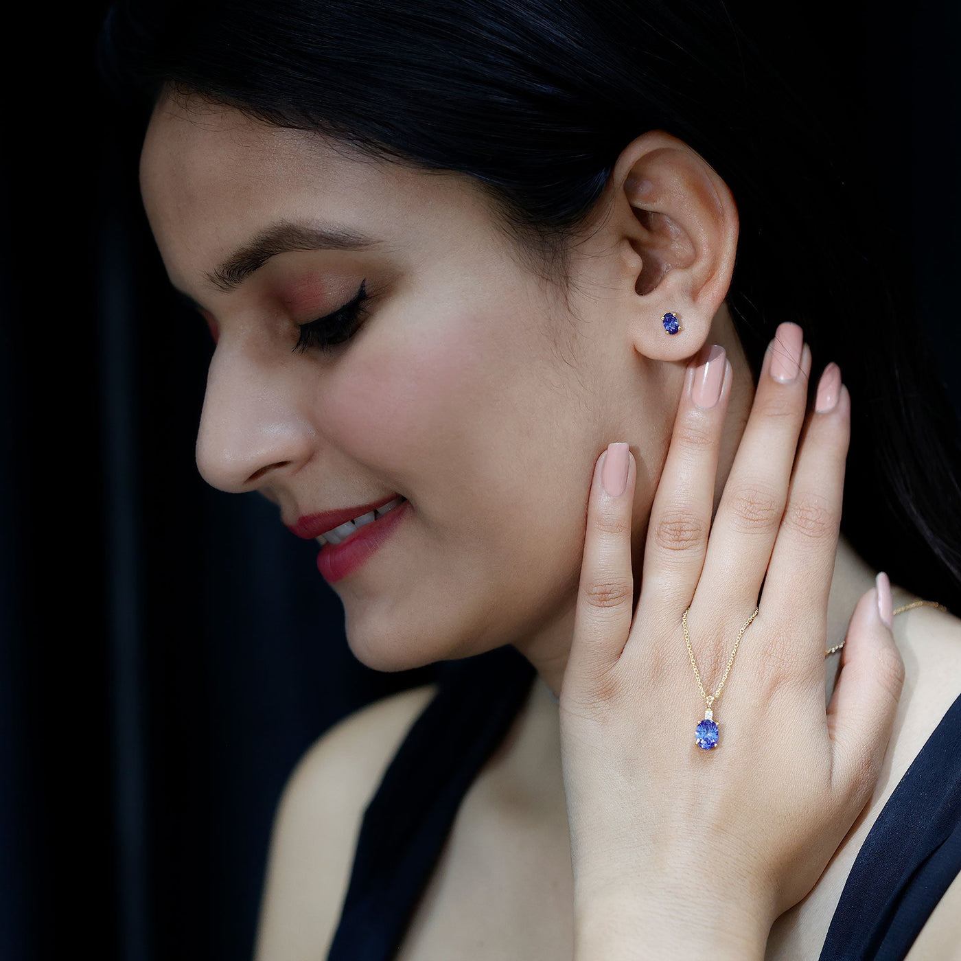 Lab Grown Blue Sapphire Solitaire Jewelry Set with Moissanite Rosec Jewels