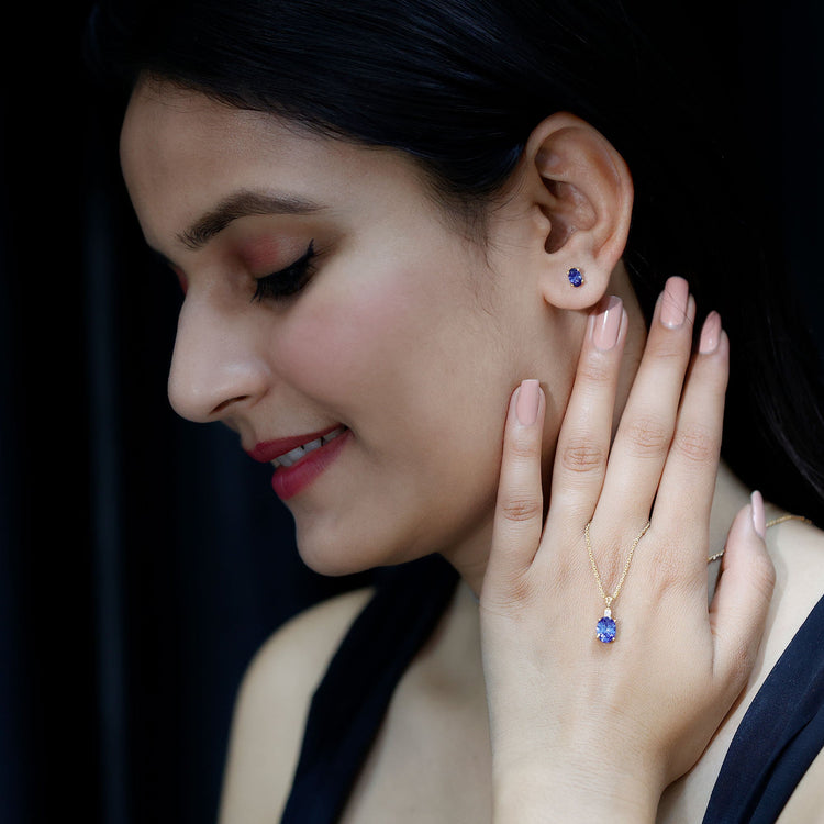 Lab Grown Blue Sapphire Solitaire Jewelry Set with Moissanite Rosec Jewels