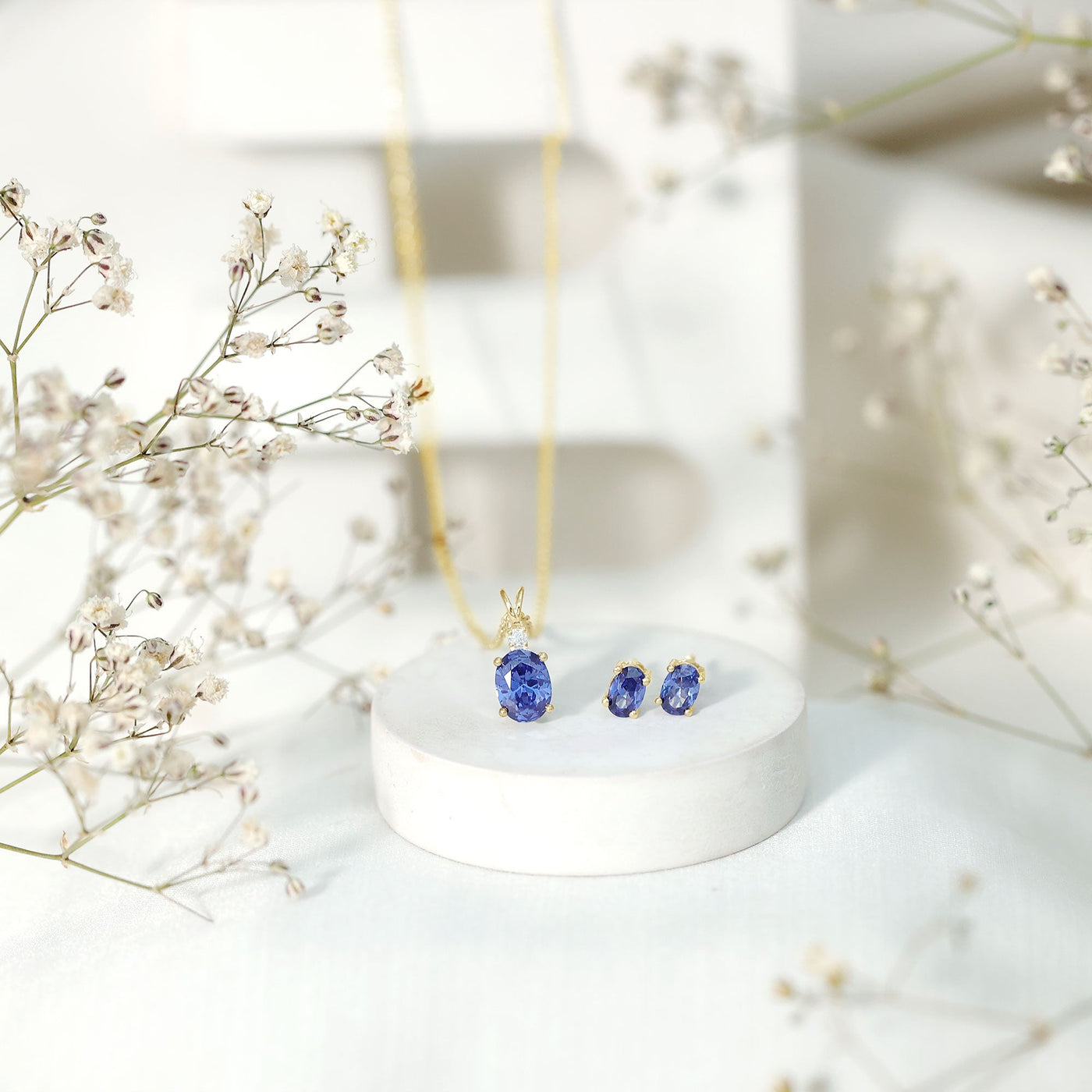 Lab Grown Blue Sapphire Solitaire Jewelry Set with Moissanite Rosec Jewels