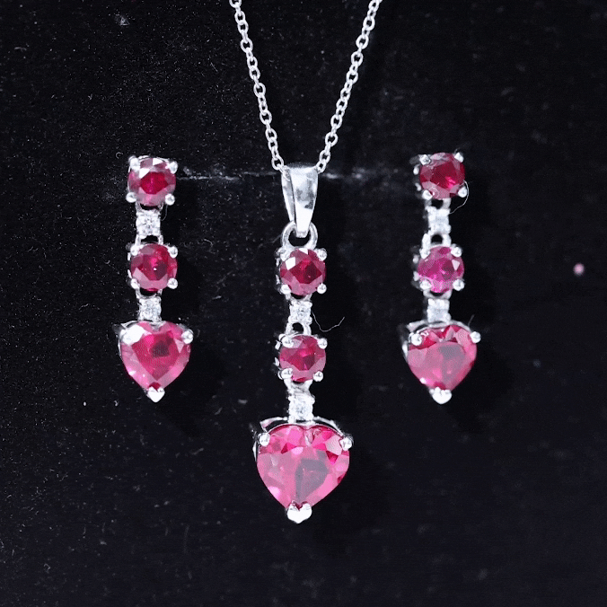 Certified Lab Grown Ruby Heart Necklace and Earrings Set With Diamond Rosec Jewels