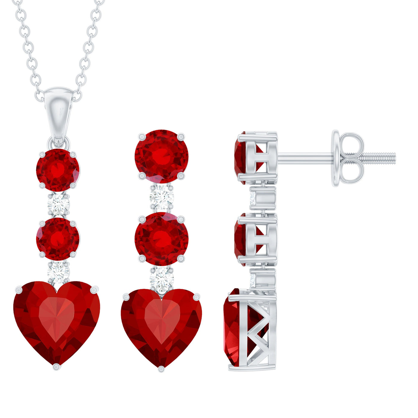 Certified Lab Grown Ruby Heart Necklace and Earrings Set With Diamond Rosec Jewels