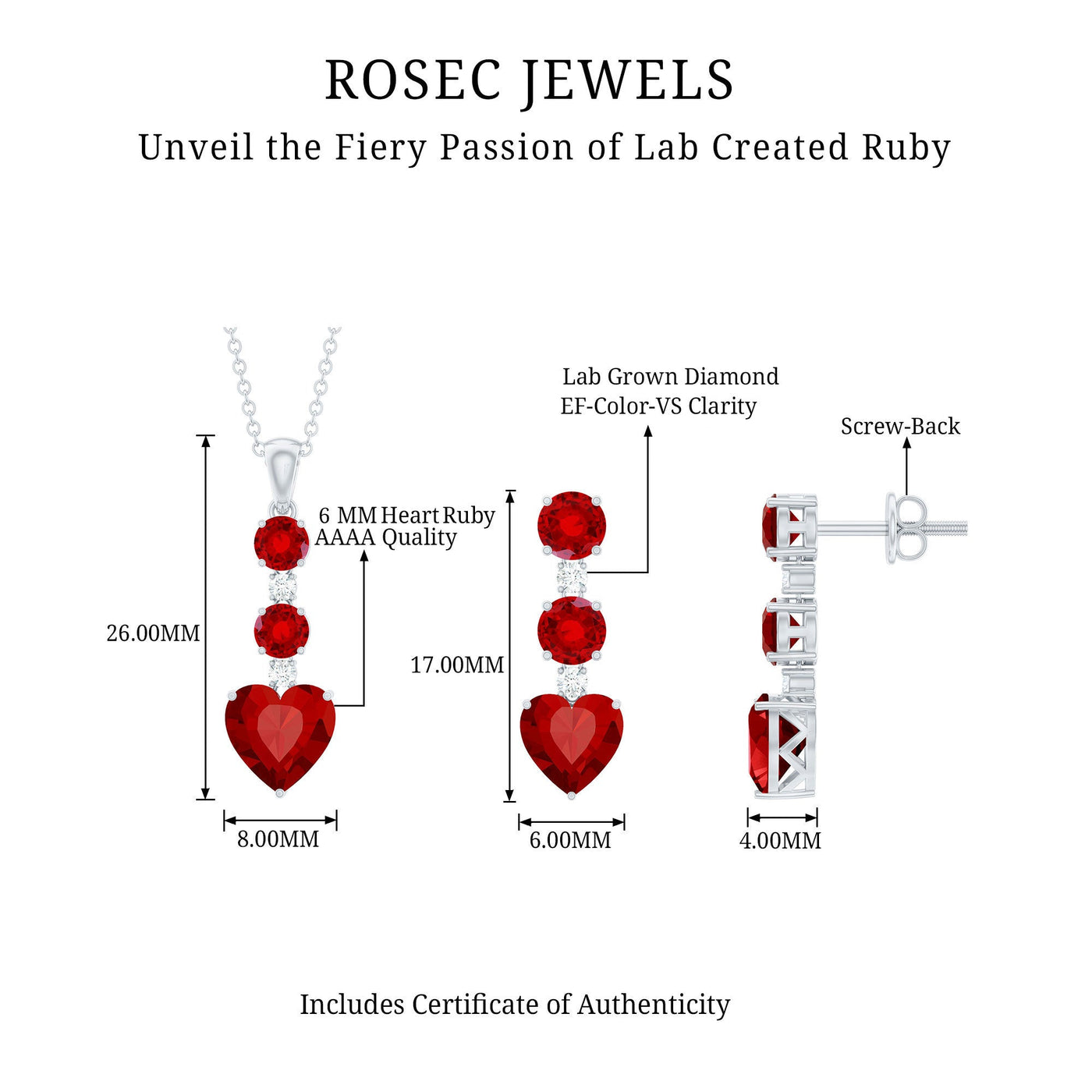 Certified Lab Grown Ruby Heart Necklace and Earrings Set With Diamond Rosec Jewels