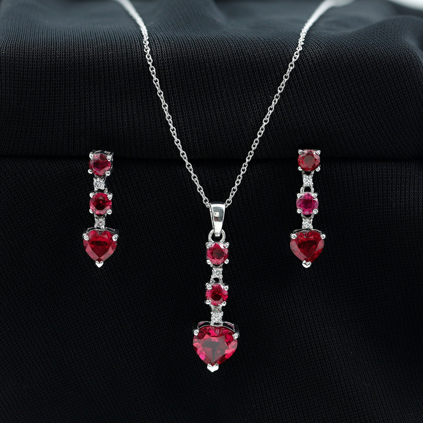 Certified Lab Grown Ruby Heart Necklace and Earrings Set With Diamond Rosec Jewels