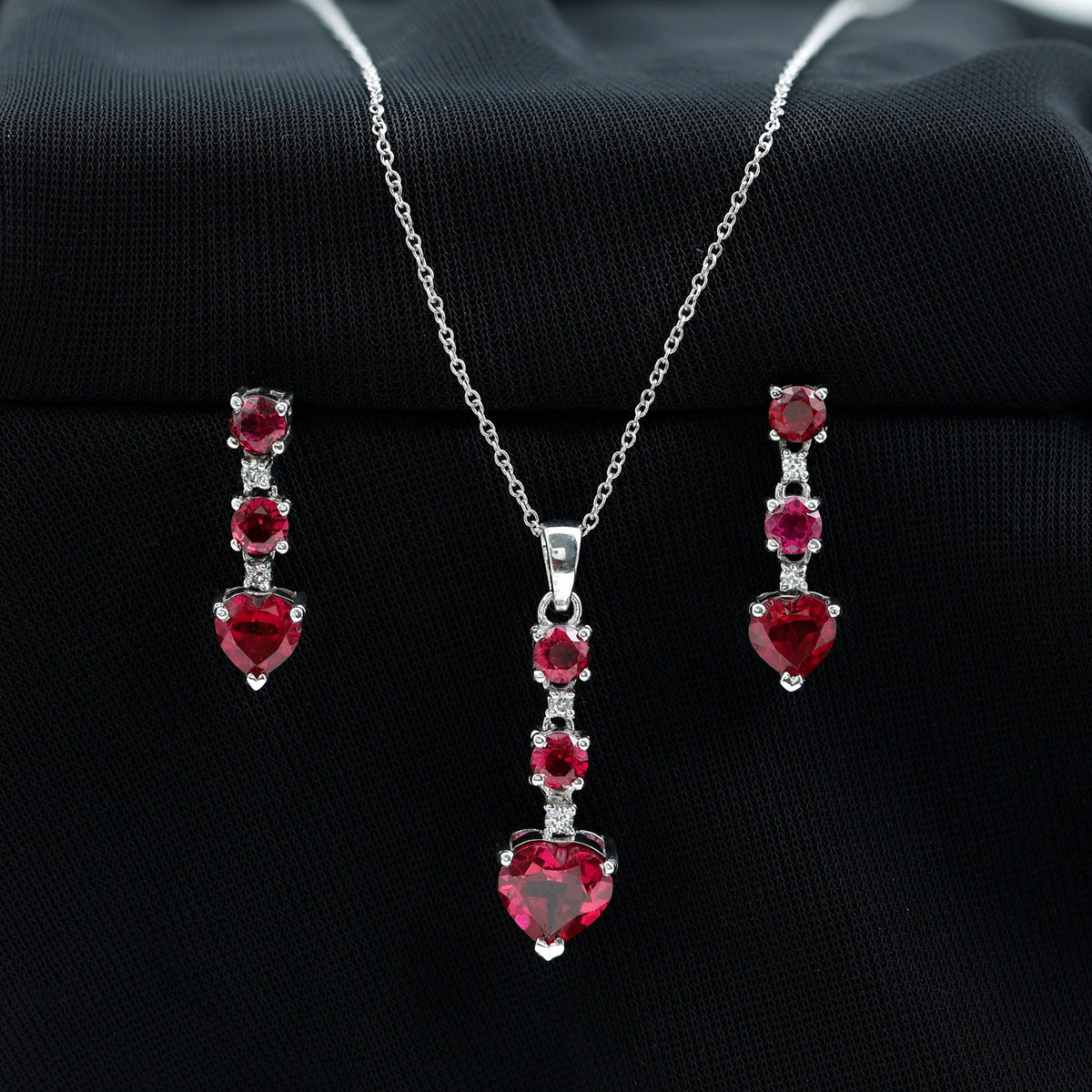 Certified Lab Grown Ruby Heart Necklace and Earrings Set With Diamond Rosec Jewels