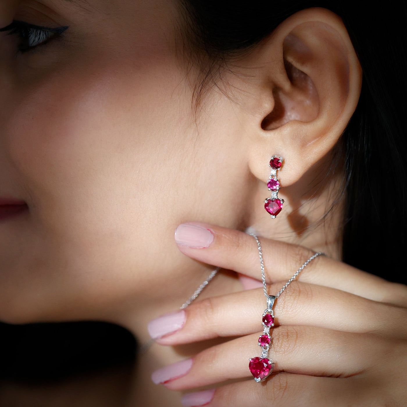Certified Lab Grown Ruby Heart Necklace and Earrings Set With Diamond Rosec Jewels