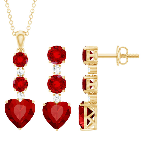 Certified Lab Grown Ruby Heart Necklace and Earrings Set With Diamond Rosec Jewels