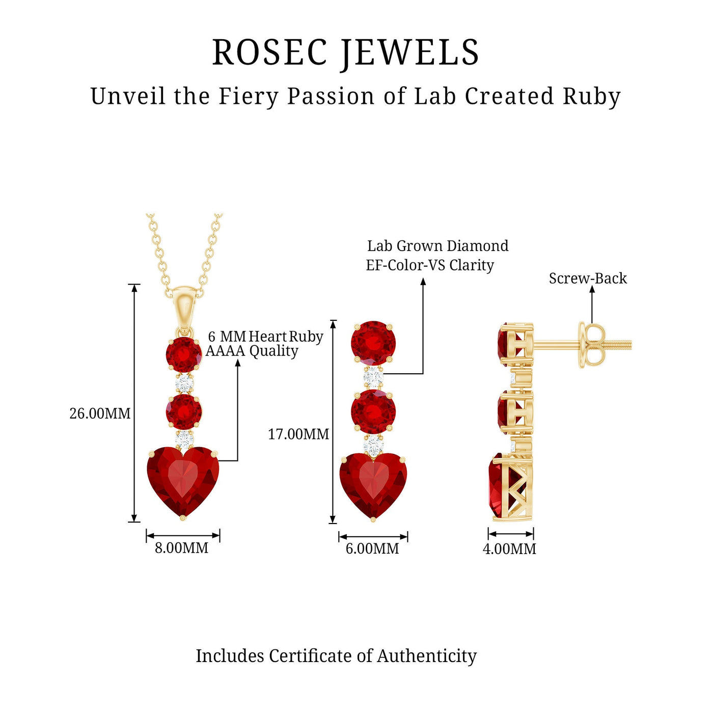 Certified Lab Grown Ruby Heart Necklace and Earrings Set With Diamond Rosec Jewels
