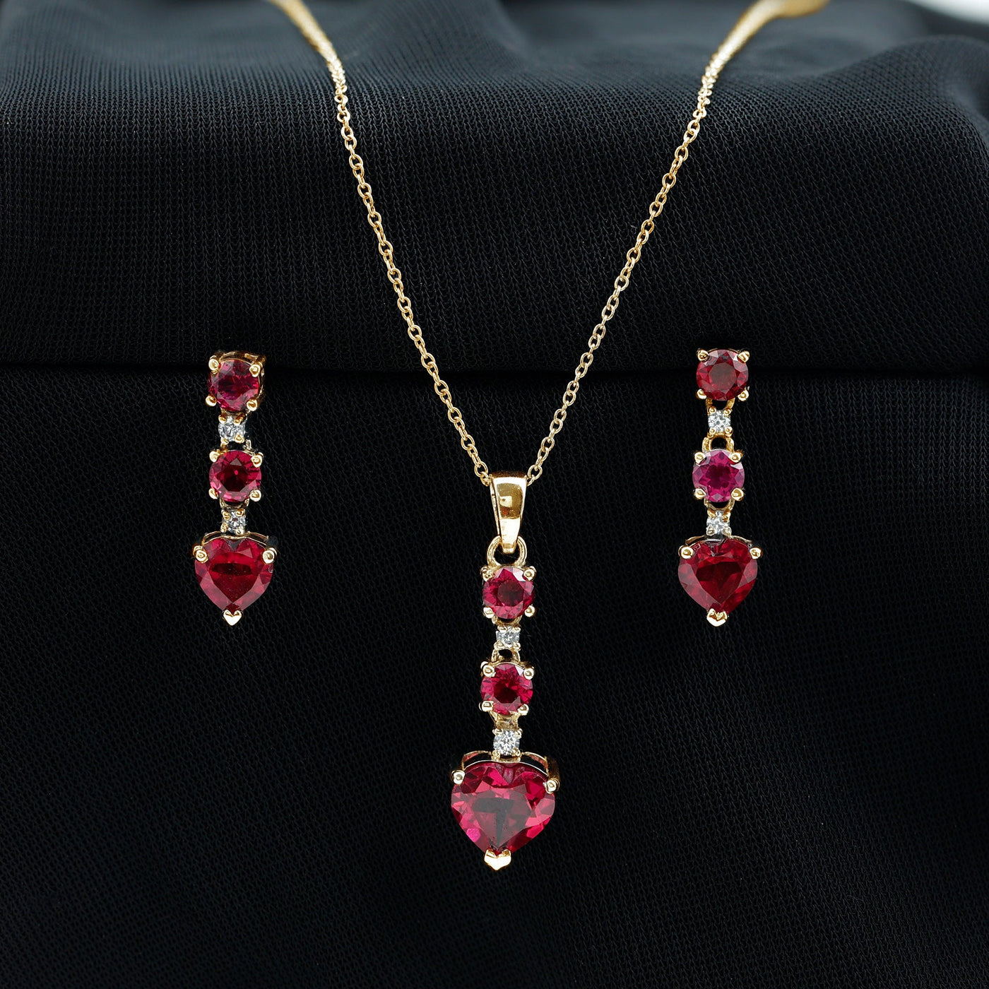 Certified Lab Grown Ruby Heart Necklace and Earrings Set With Diamond Rosec Jewels