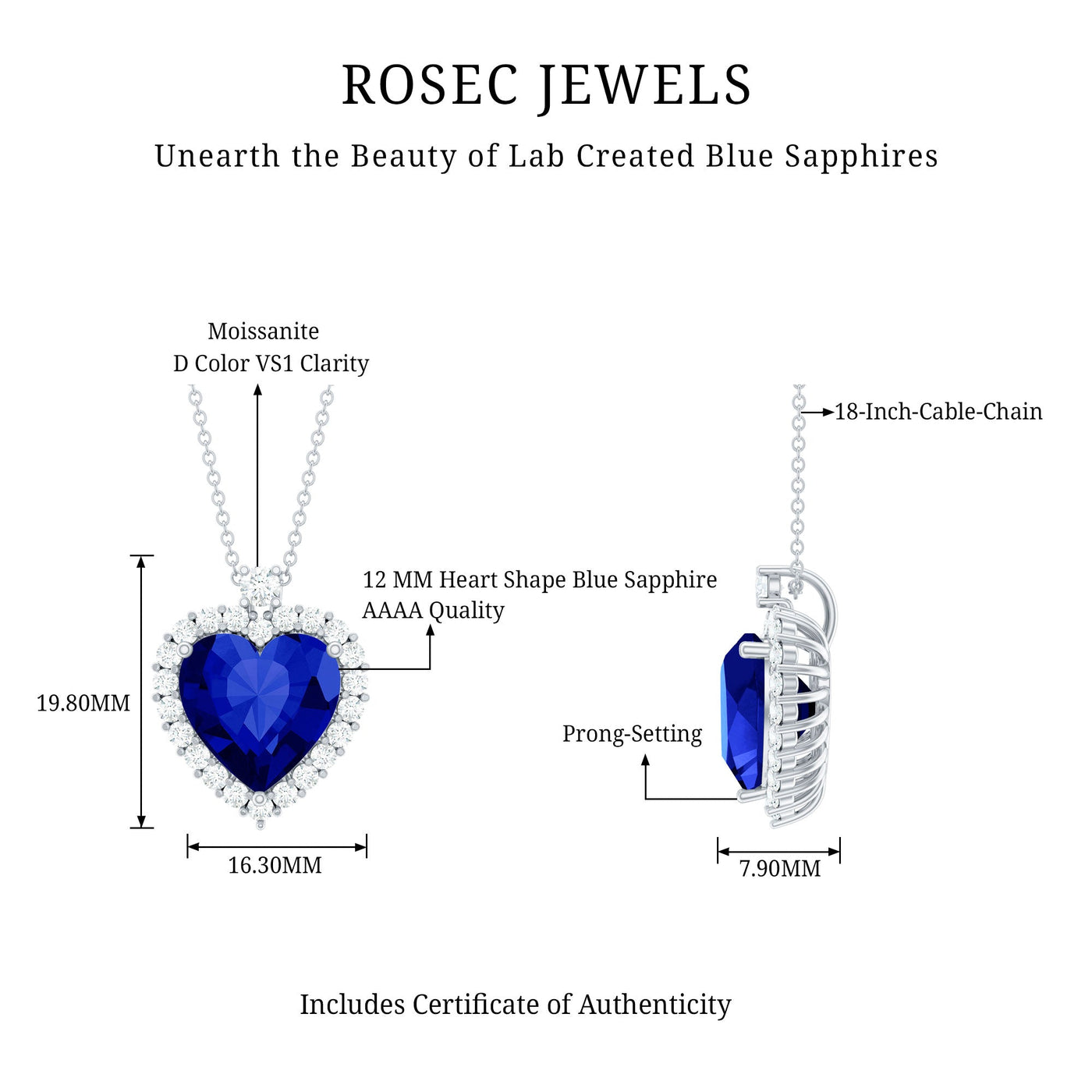 Lab Grown Blue Sapphire Heart of the Ocean Necklace Rosec Jewels