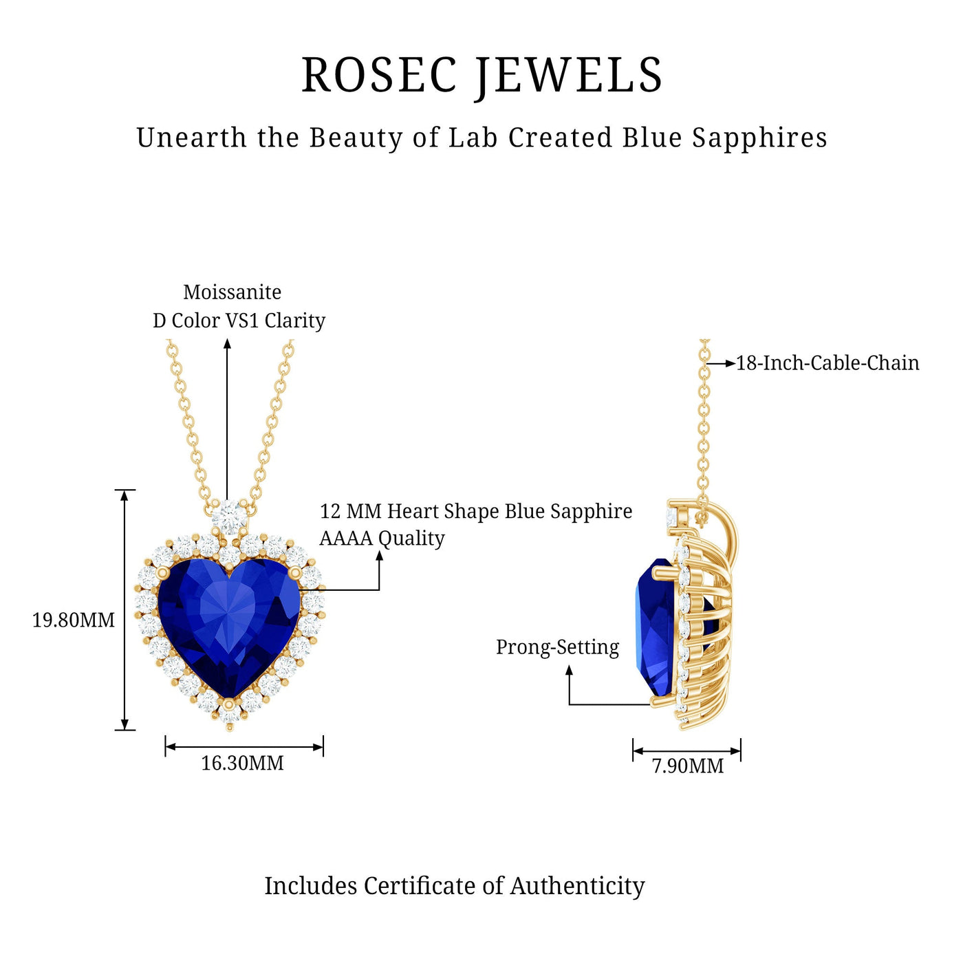 Lab Grown Blue Sapphire Heart of the Ocean Necklace Rosec Jewels