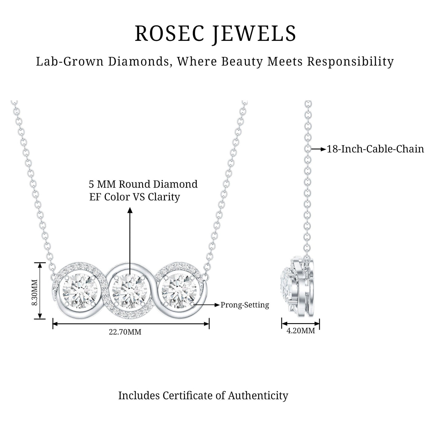 Certified Lab Grown Diamond 3 Stone Necklace For Her Rosec Jewels