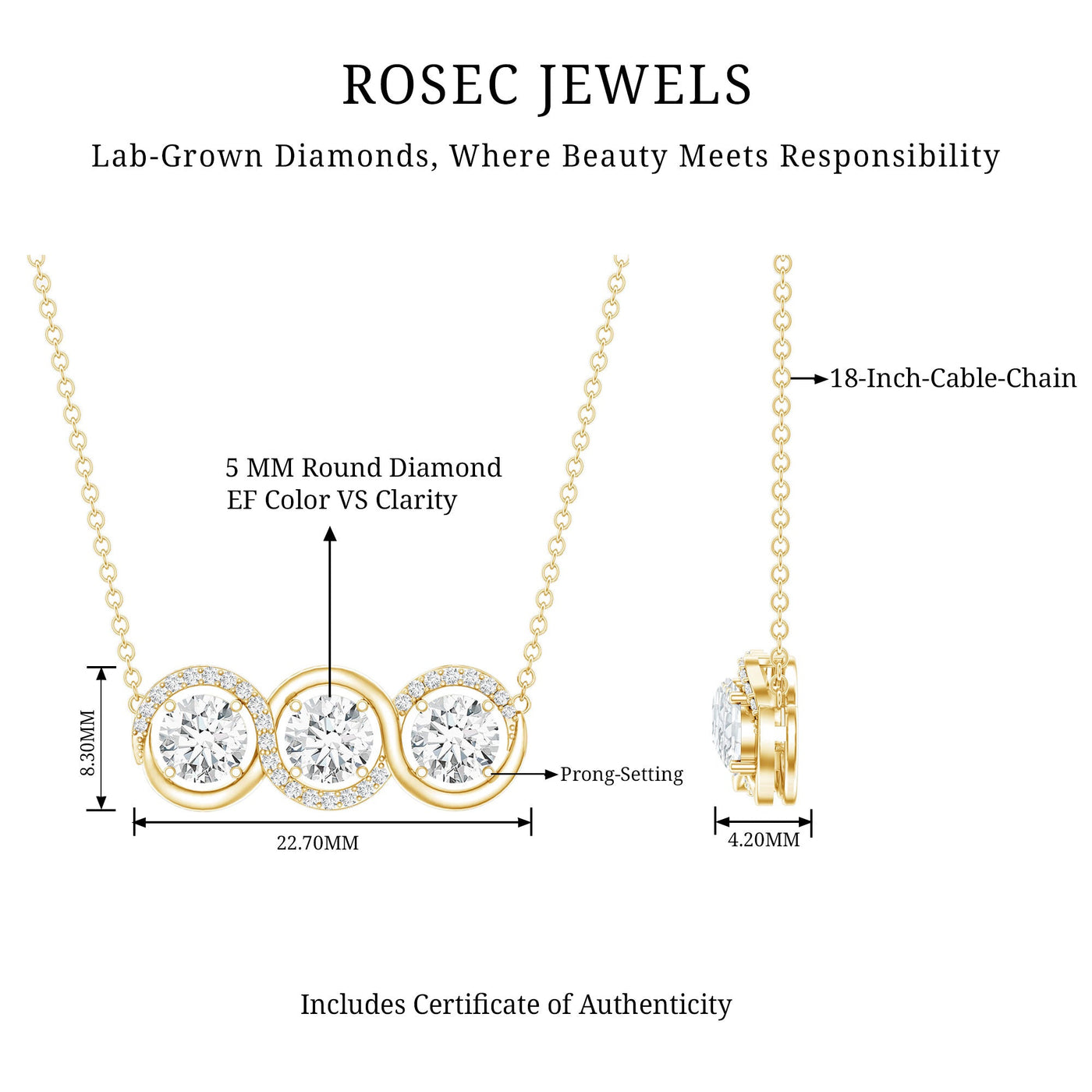 Certified Lab Grown Diamond 3 Stone Necklace For Her Rosec Jewels