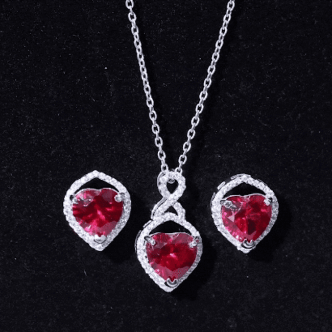 6 Carat Heart Shape Lab Created Ruby Pendant and Earrings Set Rosec Jewels