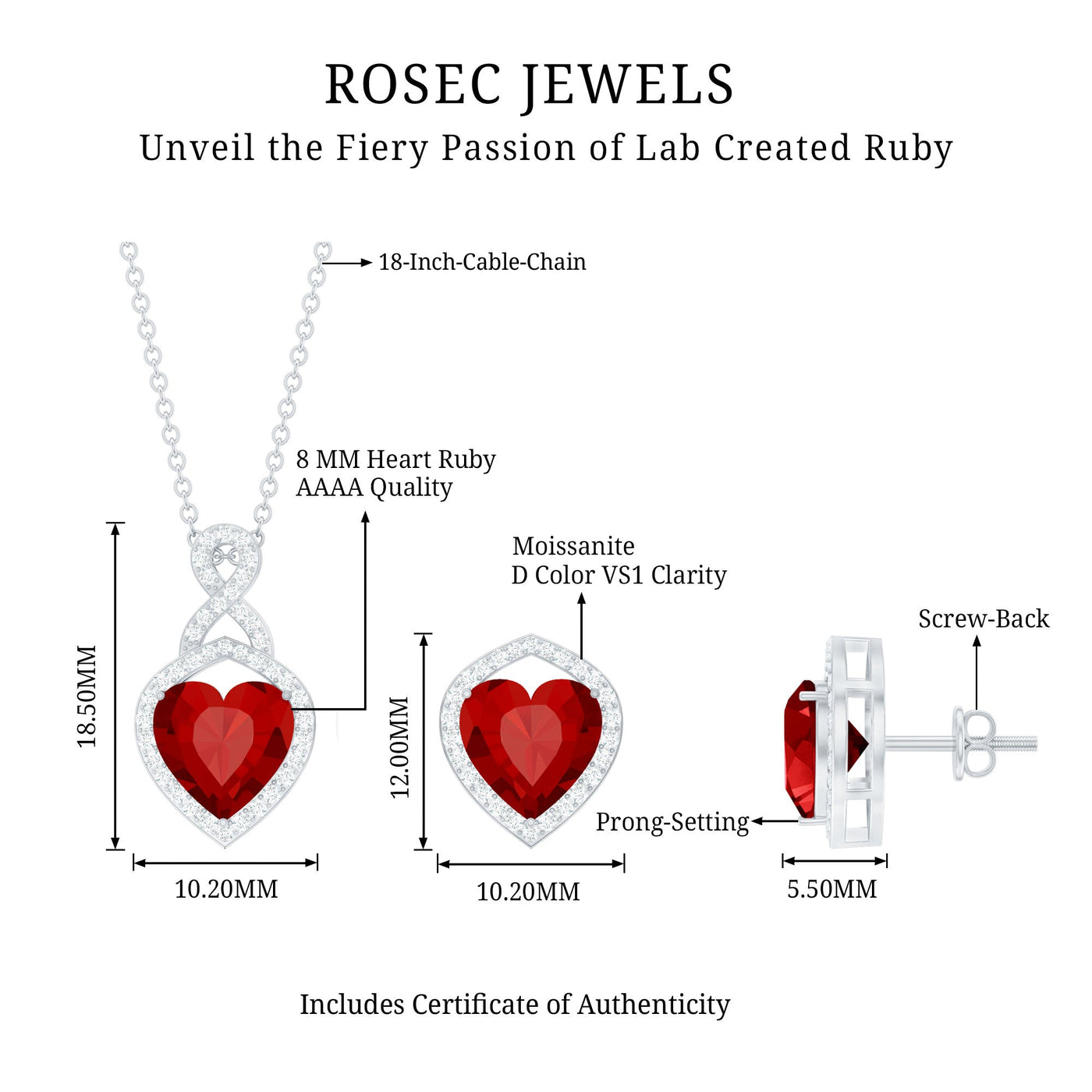 6 Carat Heart Shape Lab Created Ruby Pendant and Earrings Set Rosec Jewels