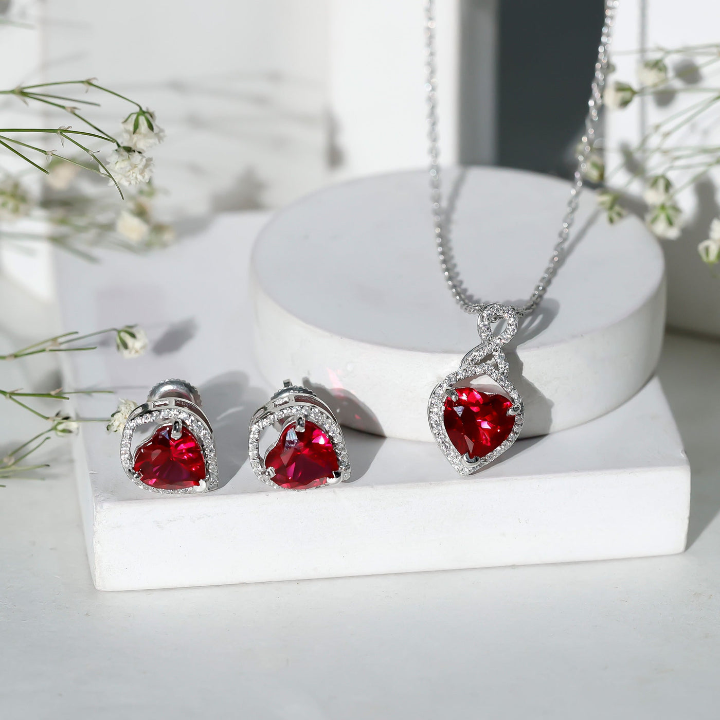 6 Carat Heart Shape Lab Created Ruby Pendant and Earrings Set Rosec Jewels