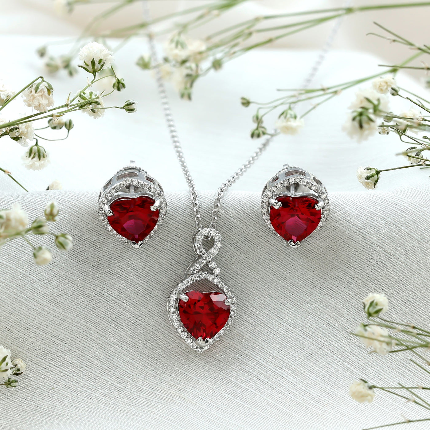 6 Carat Heart Shape Lab Created Ruby Pendant and Earrings Set Rosec Jewels