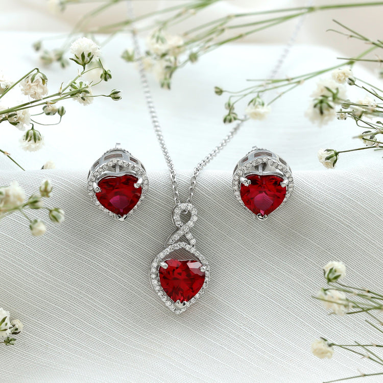 6 Carat Heart Shape Lab Created Ruby Pendant and Earrings Set Rosec Jewels