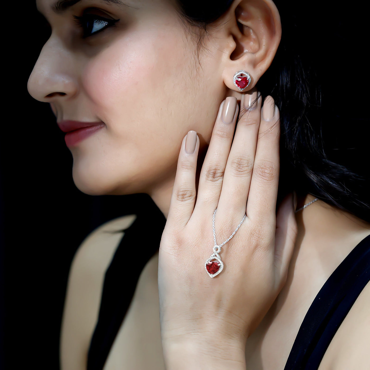 6 Carat Heart Shape Lab Created Ruby Pendant and Earrings Set Rosec Jewels
