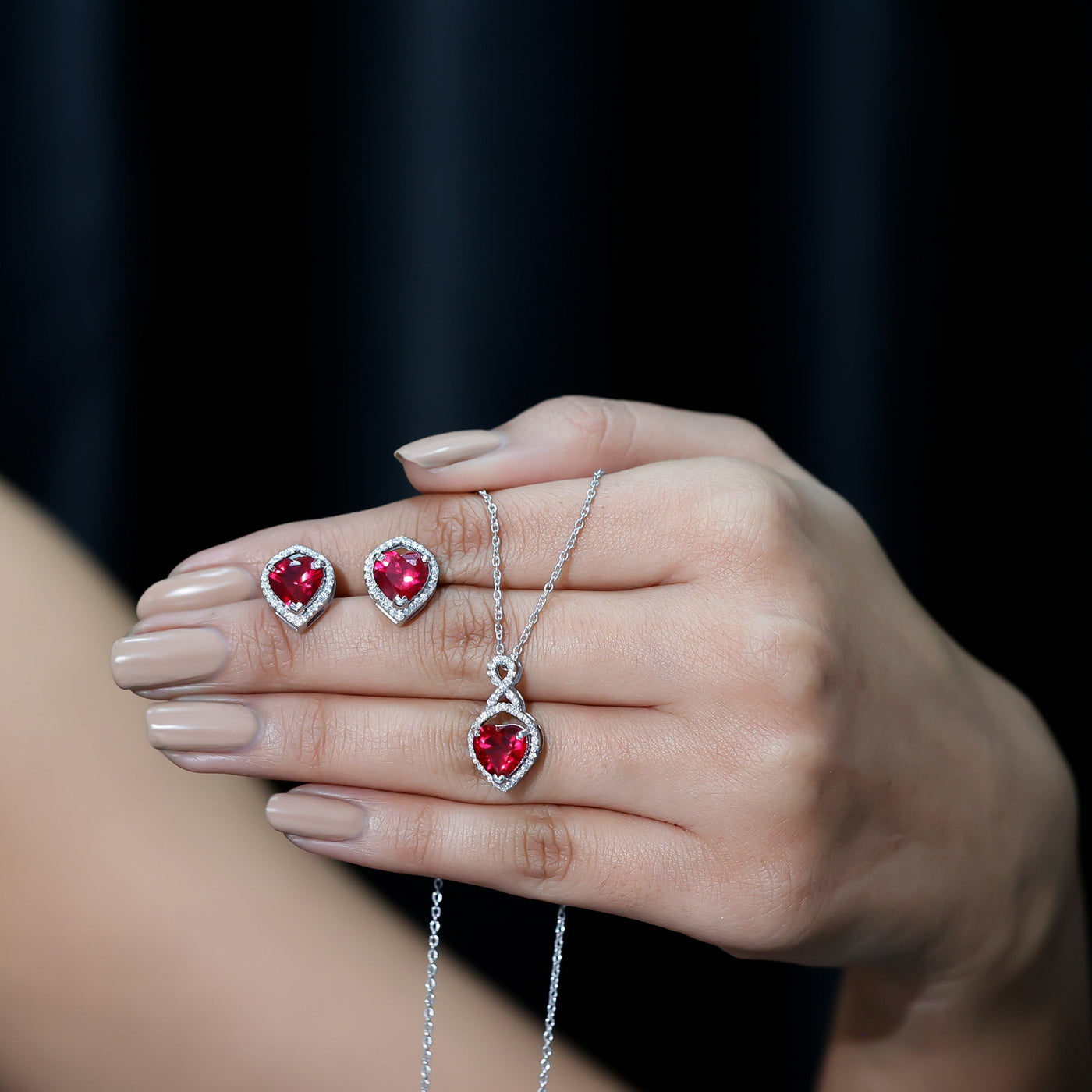 6 Carat Heart Shape Lab Created Ruby Pendant and Earrings Set Rosec Jewels